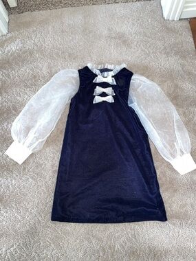 Janie and Jack Navy Velvet Dress with White Sheer Sleeves and Bows